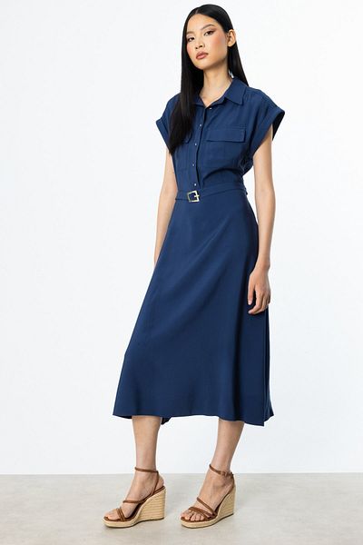 Ekol Button Front Maxi Dress with Belt at Waist-5080