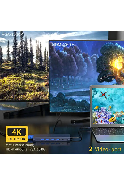 Cristalis Sale Statie de andocare, Hub 14 in 1 CRISTALIS SALE™, adaptor 4k USB Type-C, Multiport