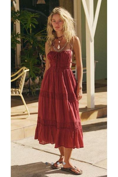 MARE BUTİK Flying Summer Dress with Straps-Burgundy
