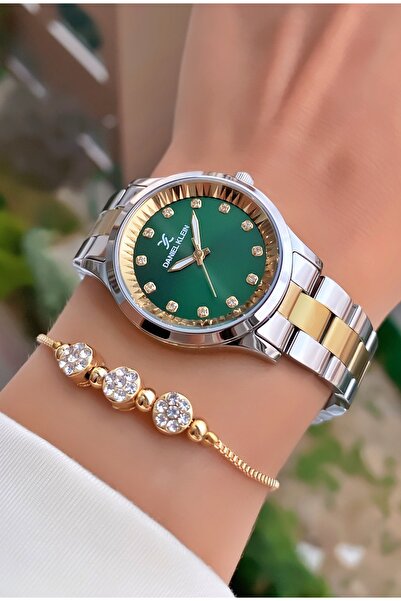 Daniel Klein Brand Yellow Silver Color Green Dial Women's Wrist Watch with 2 Years Warranty - Bracelet Gift