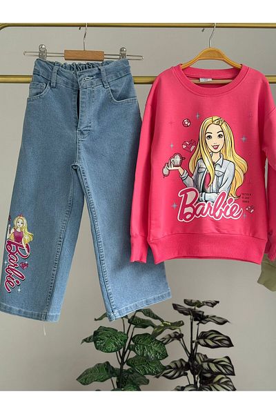 LİLLYPİCCA Girl's 2-Piece Set Printed Sweatshirt Wide Leg Jeans with Elastic Waist