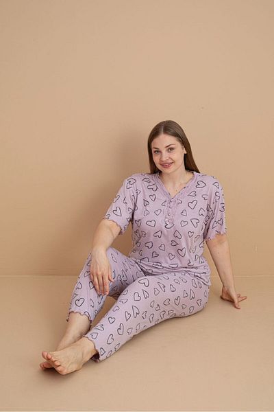 Temporium Women's Plus Size Collar Lace Detail Short Sleeve Bamboo Pajama Set