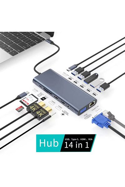 Cristalis Sale Statie de andocare, Hub 14 in 1 CRISTALIS SALE™, adaptor 4k USB Type-C, Multiport