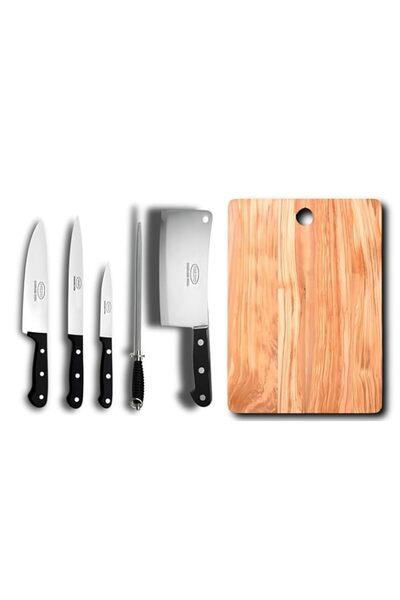 Generic مجموعة سكاكين فيلينغز ٥ قطع مع لوح تقطيع خشبي | سكاكين مطبخ من الفولا...