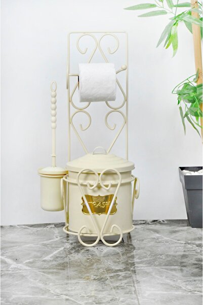 woodhub Krem Yazılı Wc Seti: Tuvalet Kağıdı Askısı, Fırça ve Çöp Kovası Takımı