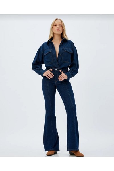 Bigowl Copy - Women's High Waist Beige Jeans Casual Beige Denim Pants Palazzo Julia