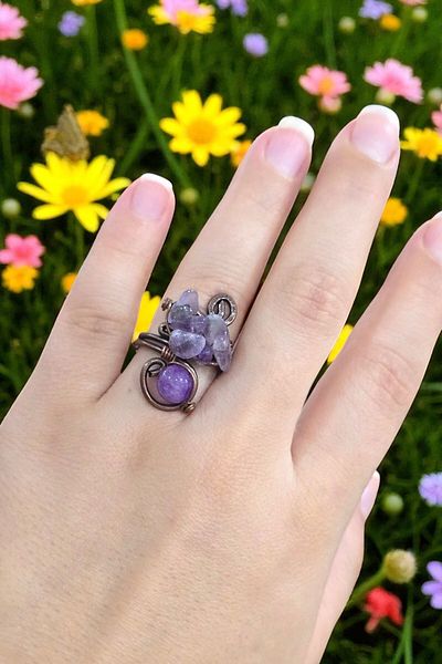 NBS Beautiful Naturel Stones Ring Amethyst Pure Copper Adjustable Hand Craftsmanship (Positivity, Evil Eye, Protection)