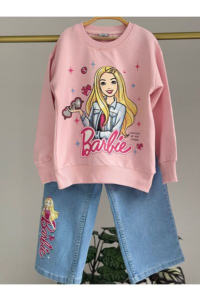 LİLLYPİCCA Girl's 2-Piece Set Printed Sweatshirt Wide Leg Jeans with Elastic Waist