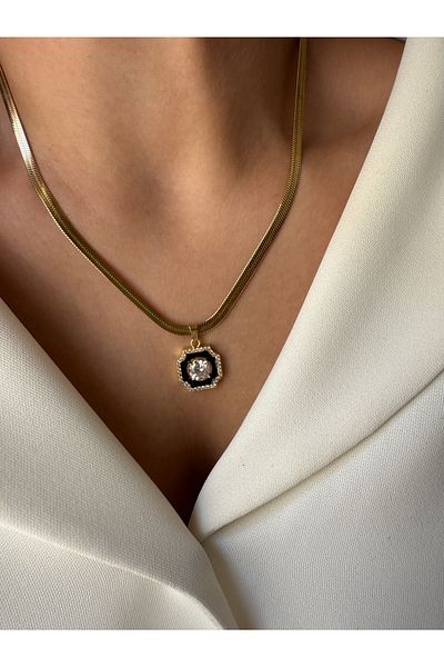 LUSORA ACCESORY Serenay Gold Color Snake Chain Black Stone Elegant Women's Necklace