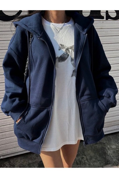 BYMEER Lacivert Fermuarlı Kapşonlu Hırka Sweatshirt
