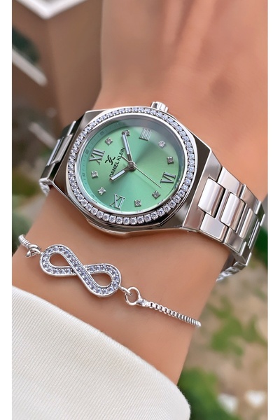 Daniel Klein ساعة يد نسائية ذات مينا خضراء اللون فضي اللون بضمان لمدة عامين - مع سوار هدية