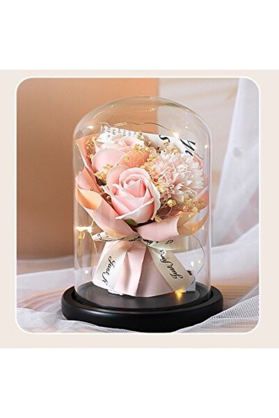 Kardett Set 3 Trandafiri Criogenati Roz din Sapun, Cupola de Sticla cu LED, C...