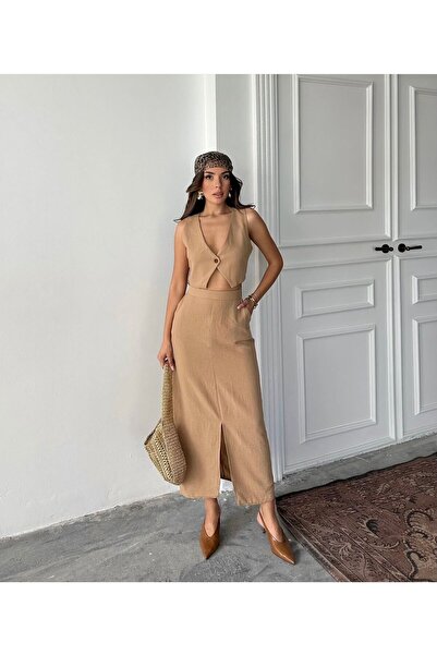 REFİŞ BUTİK VE AKSESUAR Linen Vest Midi Length Skirt Set