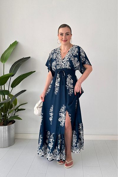 MaziButik Bulk Pattern Viscose Dress Navy Blue