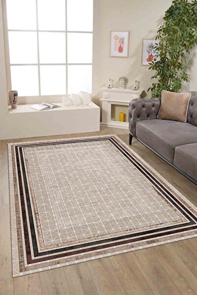 armolin Düz Çizgili Desen Dijital Baskı Kahverengi Lastikli Halı Örtüsü (SÜNG...