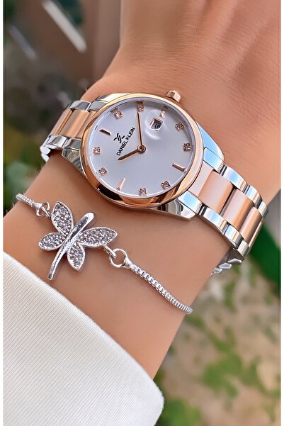 Daniel Klein Brand Rose Silver Color Women's Wristwatch - Bracelet Gift