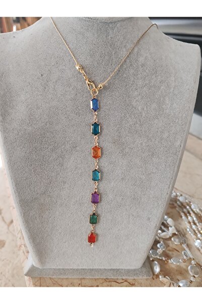 elbi bijuteri Women's Colorful Stone Y Model Necklace – Long and Elegant Daily Jewelry