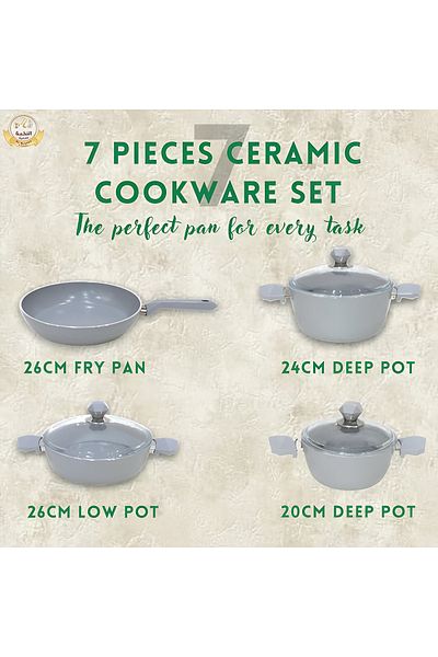 Al Nokhba Al-Nokhba 7PCS Ceramic Cookware Set - Non-Stick, Oven-Safe, Dishwasher-Safe (Grey) Made in Turkiye
