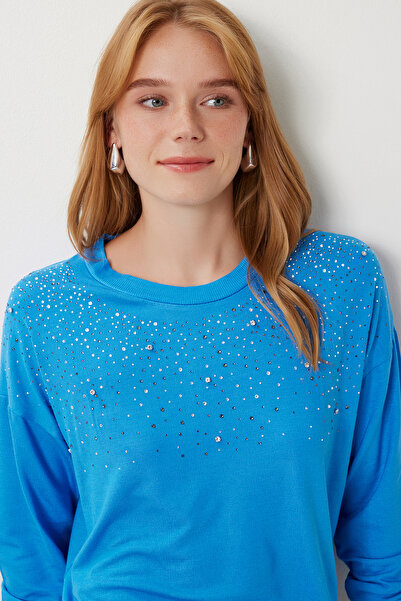 Lovelyİstanbul Блуза с камъни и еластична плетена материя LUB0200 СИНЬО
