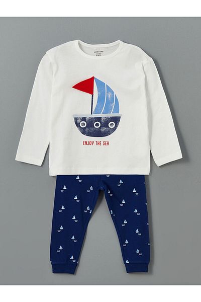 LC Waikiki Lcw Baby Ecru Crew Neck Printed Baby Boy Pajamas Suit