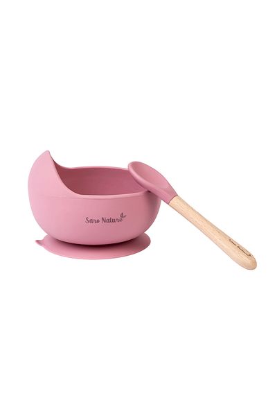 SARO BABY Bol anti-alunecare din silicon alimentar si lingurita, set de 2 piese pentru diversificare, Rose