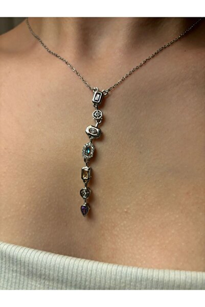 Xui قلادة تريند موديل ستيل 7 إليمينت كولور مرصّع بالأحجار Y فضية / قلادة بتصم...