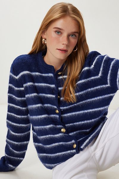 Happiness İstanbul Women's Navy Blue Ecru Striped Stylish Buttoned Knitwear Cardigan Yy00261