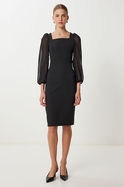 Happiness İstanbul Women's Black Tulle Balloon Sleeve Midi Woven Dress Gj00001
