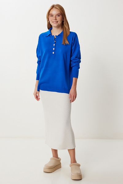 Happiness İstanbul Pulover de damă, albastru închis, cu guler polo, cu nasturi, tricotaj Kİ00161