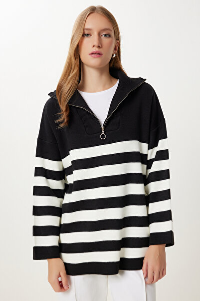 Happiness İstanbul Hanorac de damă, alb, negru, cu fermoar, cu guler vertical, în dungi, tricotaj supradimensionat BV00009