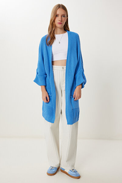 Happiness İstanbul Kadın Mavi Oversize Uzun Cepli Triko Hırka AS00003H