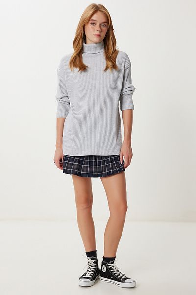 Happiness İstanbul Women's Gray Melange Turtleneck Ribbed Knitted Blouse Ub00471