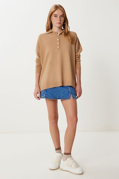 Happiness İstanbul Women's Camel Polo Neck Stylish Buttoned Knitwear Sweater Ki̇00161