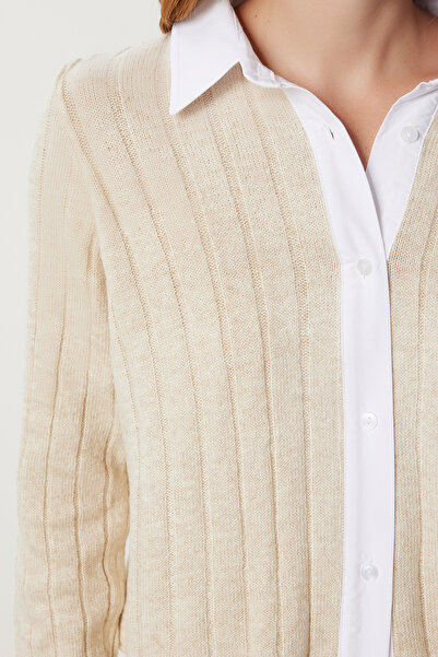 Happiness İstanbul Women's Cream Shirt Collar Contrast Knitwear Cardigan Yy00260