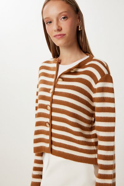 Happiness İstanbul Damen Strickjacke mit Streifenmuster und Metallknöpfen in Ziegelrot PF00043