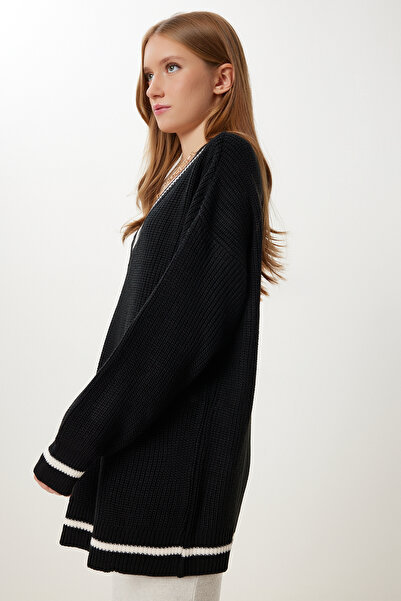 Happiness İstanbul Hanorac lung, negru, cu decolteu în V, pentru tricotaje, BP00140