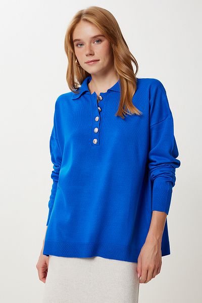 Happiness İstanbul Pulover de damă, albastru închis, cu guler polo, cu nasturi, tricotaj Kİ00161