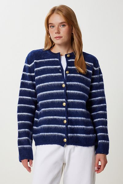 Happiness İstanbul Women's Navy Blue Ecru Striped Stylish Buttoned Knitwear Cardigan Yy00261