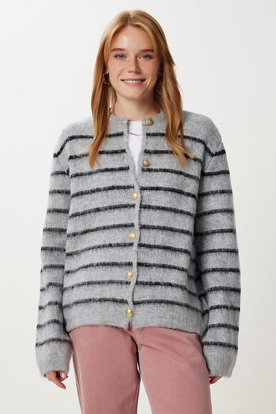 Happiness İstanbul Stilvolle Strickjacke mit Knöpfen für Damen in Grau und Schwarz YY00261