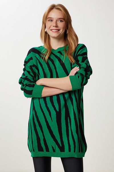Happiness İstanbul Women's Green Black Patterned Long Knitwear Sweater Ki̇00156