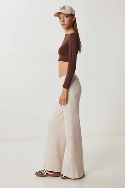 Happiness İstanbul Women's Cream Wide Leg Ribbed Knitwear Trousers Ub00475
