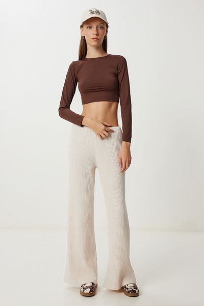 Happiness İstanbul Women's Cream Wide Leg Ribbed Knitwear Trousers Ub00475