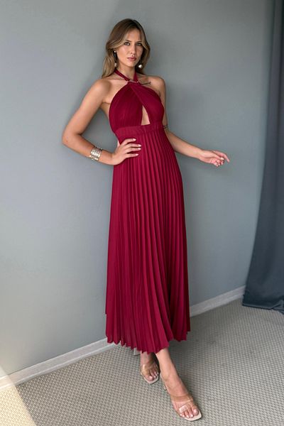 Trendyol Collection Burgundy Pleated Cut Out Accessory Detailed Chiffon Midi Lined Dress Tprss25El00327