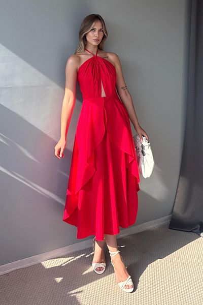 Trendyol Collection Red Cut Out Detailed Poplin Midi Woven Dress Twoss25El00922