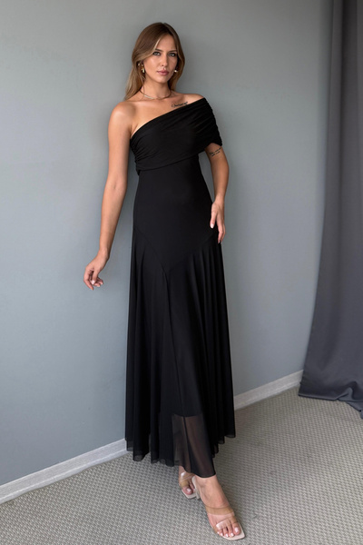 Trendyol Collection Black Asymmetrical Neckline Woven Maxi Evening Dress Night Homecoming Dress Tprss25Ae00190