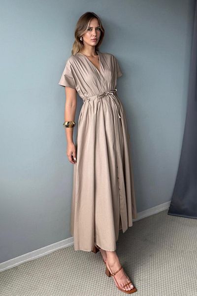 Trendyol Collection Beige Waist Tie Detailed Midi Poplin Woven Dress TWOSS25EL00925