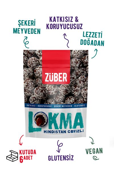 Züber 96 جرام × 6 عبوات - كرة فواكه مغطاة بجوز الهند مع الكاكاو وزبدة البندق