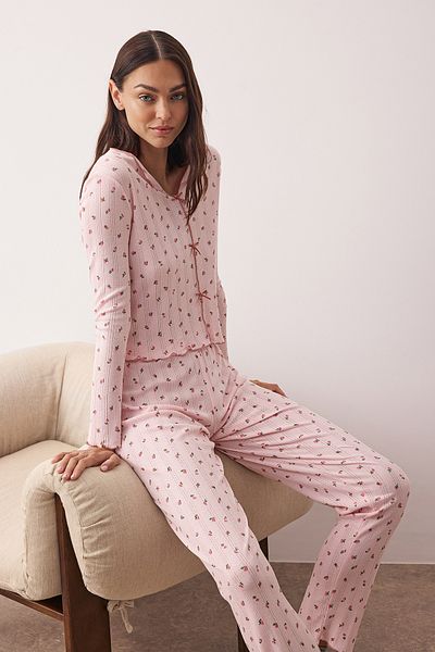 Trendyol Collection Pink 100% Cotton Floral Ribbon/Bow Ribbed/Pointel Knitted Pajamas Set Thmaw26Pt00070