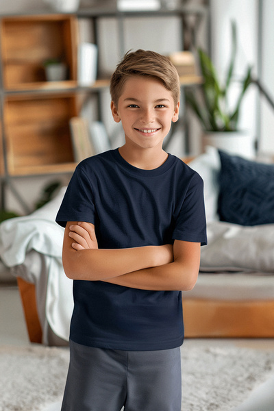 TRENDYOLKIDS Navy Blue and White 2-Piece Knitted T-Shirt Set for Boys - TKDSS24TS00021