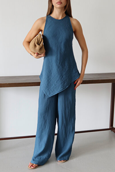 Trendyol Collection Indigó vászon ujjatlan blúz és nadrág szőtt alsó - felső szett TWOSS25AU00121